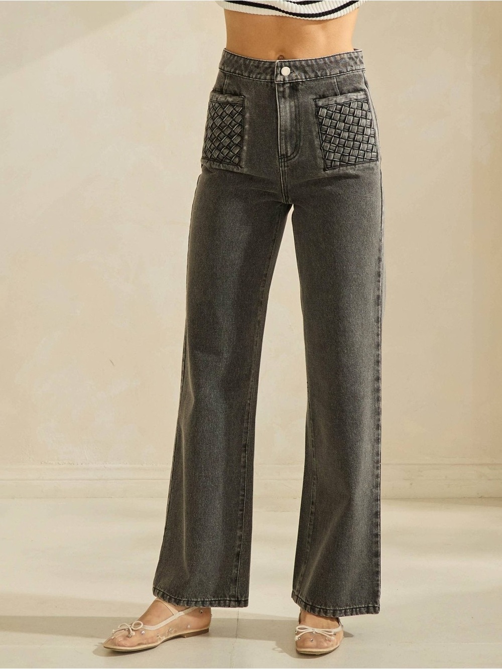Straight-Leg Woven Front Pocket Jeans - Black